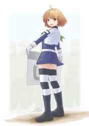 Rule 34 | 1girl, aaoi, banner, black footwear, black thighhighs, blue dress, boots, brown eyes, dress, full body, highres, jacket, kantai collection, looking at viewer, looking back, multiple boys, oboro (kancolle), official alternate costume, open mouth, orange hair, outdoors, race queen, short hair, signature, thighhighs, twitter username, white jacket