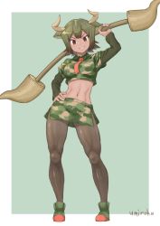 Rule 34 | 10s, 1girl, animal ears, artist name, aurochs (kemono friends), bad id, bad pixiv id, boots, brown hair, camouflage, camouflage pants, camouflage shirt, dark skin, dark-skinned female, horns, kemono friends, md5 mismatch, midriff, necktie, pants, pantyhose, shirt, short sleeves, signature, simple background, smile, solo, toned, umiroku, weapon