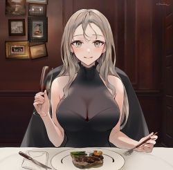 Rule 34 | 1girl, alcohol, bare shoulders, black dress, breasts, champagne flute, chowbie, cleavage, commentary request, cup, drawing (object), dress, drinking glass, food, fork, glass, grey eyes, handkerchief, high collar, holding, holding cup, holding fork, indoors, knife, large breasts, long hair, looking at viewer, meat, original, picture frame, plate, platinum blonde hair, sitting, sleeveless, sleeveless dress, smile, steak, table, vegetable