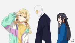 Rule 34 | 1boy, 2girls, absurdres, artist name, black hair, blonde hair, blush, braid, distracted boyfriend (meme), fujita kotone, gakuen idolmaster, hair ribbon, hashtag-only commentary, head tilt, highres, idolmaster, idolmaster million live!, in-franchise crossover, jacket, looking at another, looking back, meme, mogami shizuka, multicolored clothes, multicolored jacket, multiple girls, producer (idolmaster), ribbon, rogi0615, shirt, simple background, twin braids, upper body, v, white background, yellow shirt