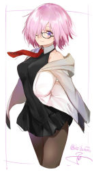 Rule 34 | 1girl, black dress, breasts, cropped legs, dated, dress, fate/grand order, fate (series), glasses, hair over one eye, highres, hood, hoodie, isshiki (ffmania7), jacket, looking at viewer, mash kyrielight, medium breasts, necktie, pantyhose, pink hair, purple eyes, red necktie, short hair, simple background, solo, twitter username, upper body, white background, white jacket