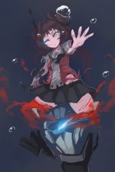 Rule 34 | 10s, 1girl, amputee, arceonn, blood, brown hair, bubble, cuts, double bun, guro, highres, injury, kantai collection, legless, light cruiser oni, naka (kancolle), outstretched arm, pain, short hair, sinking, skirt, solo focus, torn clothes, underwater