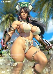 Rule 34 | 1girl, aged up, alternate breast size, artnip, black eyes, black hair, bladed tonfa, breasts, covered erect nipples, dual wielding, elbow gloves, gloves, hat, holding, large breasts, long hair, navel, outdoors, realistic, revealing clothes, see-through, shiny skin, skindentation, solo, soul calibur, talim, thighs, tonfa, weapon