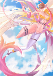 Rule 34 | 1girl, absurdres, angel, angel wings, angewomon, armor, ass, asymmetrical clothes, bare arms, bare shoulders, belt, blonde hair, boots, breastplate, breasts, cleavage, collarbone, covered eyes, digimon, elbow gloves, facing viewer, feathered wings, feathers, gloves, head wings, helmet, high heel boots, high heels, highres, large breasts, long hair, multiple wings, pink ribbon, ribbon, single elbow glove, single glove, single pantsleg, smile, solo, thigh strap, very long hair, white gloves, white wings, wings