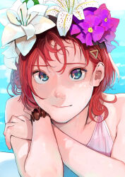 Rule 34 | 1girl, absurdres, ange katrina, bikini, blue eyes, bracelet, closed mouth, commentary request, flower, hair flower, hair ornament, hairclip, hand on own arm, head wreath, highres, jewelry, looking at viewer, nijisanji, partially submerged, pink bikini, pool, portrait, purple flower, red hair, solo, swimsuit, torii yoshitsuna, virtual youtuber, water, white flower