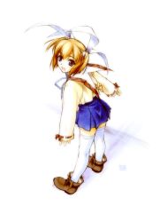 Rule 34 | 1990s (style), 1girl, aizawa tomomi, blonde hair, blue eyes, bow, brown hair, female focus, full body, hair bow, hashimoto takashi, pia carrot (series), pia carrot e youkoso!!, pia carrot e youkoso!! 3, retro artstyle, ribbon, short hair, simple background, solo, standing, thighhighs, twintails, white background, white thighhighs