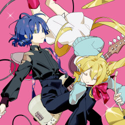Rule 34 | 2girls, :3, ahoge, bass guitar, black skirt, blonde hair, blue hair, blue pants, bocchi the rock!, bow, braid, buttons, cable, chi ya, closed eyes, collared shirt, colored eyelashes, commentary request, cymbals, drum, drumsticks, fender precision bass, glint, grey sweater, hair ornament, hairclip, highres, ijichi nijika, instrument, kneehighs, long hair, long sleeves, medium skirt, mole, mole under eye, multiple girls, pants, pink background, pink skirt, polka dot, polka dot bow, red bow, red socks, rotational symmetry, sailor collar, shirt, shirt tucked in, short hair, shoulder strap, side ponytail, sidelocks, simple background, single braid, skirt, sleeve cuffs, smug, socks, sparkle, sweater, symmetry, very long hair, white sailor collar, yamada ryo