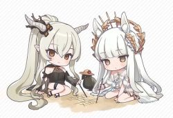 Rule 34 | 2girls, animal ears, arknights, bad id, bad twitter id, bikini, bird, black one-piece swimsuit, blush, brown eyes, casual one-piece swimsuit, chibi, demon horns, grey hair, hair between eyes, hat, holding, holding stick, horn ornament, horns, horse ears, horse girl, horse tail, laurel crown, long hair, looking at viewer, mosuke, multiple girls, official alternate costume, one-piece swimsuit, platinum (arknights), platinum (shimmering dew) (arknights), ponytail, sand writing, shining (arknights), shining (silent night) (arknights), simple background, sitting, smile, stick, straw hat, striped, striped background, swimsuit, tail, thigh strap, tic-tac-toe, very long hair, white background, white bikini, white hair