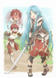 Rule 34 | 1boy, 1girl, adol christin, adol christin (cosplay), ancient ys vanished, armor, armored boots, belt, belt pouch, blue eyes, blue hair, blush, boots, border, brown gloves, commentary request, cosplay, falcom, feena (ys), fence, field, flying sweatdrops, full body, gloves, grey eyes, hair between eyes, holding, holding sword, holding weapon, jewelry, long hair, long sleeves, looking at viewer, necklace, open mouth, outdoors, outside border, panicking, parted bangs, pouch, red hair, short hair, shoulder armor, sword, translation request, twitter username, weapon, white border, white footwear, ys, ys x nordics, yukihiro ys