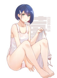 Rule 34 | 1girl, absurdres, asymmetrical hair, barefoot, between legs, blue hair, blunt ends, blush, bob cut, breasts, character name, chinese commentary, cleavage, collarbone, commentary, darling in the franxx, dress, feet, full body, green eyes, hair between eyes, hair ornament, hairclip, hand between legs, hand up, highres, holding, holding clothes, holding dress, ichigo (darling in the franxx), inverted bob, knees up, legs, looking at viewer, luojiwei, one-piece swimsuit, parted lips, school swimsuit, short hair, sitting, small breasts, solo, sundress, swept bangs, swimsuit, toe scrunch, toenails, toes, translated, unworn dress, white background, white dress, white one-piece swimsuit