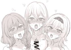 Rule 34 | 1boy, 3girls, aether (genshin impact), bar censor, blush, censored, cum, ejaculation, eula (genshin impact), facial, genshin impact, greyscale, hair between eyes, hairband, heart, heart-shaped pupils, jean (genshin impact), lisa (genshin impact), long hair, looking at viewer, medium hair, monochrome, multiple girls, nose blush, open mouth, portrait, sbs, simple background, sketch, symbol-shaped pupils, tongue, tongue out