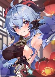 Rule 34 | 1girl, ahoge, areola slip, armpits, bare shoulders, bell, black gloves, black leotard, blue hair, blurry, blurry background, bow, breasts, brown eyes, cleavage, clothes pull, commentary, cowbell, detached sleeves, dress, flower, ganyu (genshin impact), genshin impact, gloves, hair between eyes, highres, horns, indoors, lantern, leotard, long hair, long sleeves, looking at viewer, medium breasts, paid reward available, paper lantern, pulled by self, purple eyes, red flower, shirokitsune, short hair, sideboob, solo, solo focus, upper body, very long hair, vision (genshin impact)
