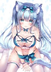 Rule 34 | 1girl, animal ear fluff, animal ears, bare arms, bare shoulders, between legs, bikini, blue bikini, blue eyes, blue hair, blue ribbon, bow, braid, breasts, cat ears, cat girl, cat tail, caustics, choker, cleavage, collarbone, frilled bikini, frilled choker, frilled thighhighs, frills, from above, hair bow, highres, large breasts, long hair, looking at viewer, nail polish, navel, open mouth, original, restrained, ribbon, sakura moyon, simple background, sitting, solo, stomach, strap slip, string bikini, swimsuit, tail, thick thighs, thighhighs, thighs, very long hair, wariza, white background, white thighhighs, wrist cuffs