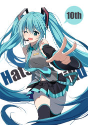 Rule 34 | 1girl, ;d, anniversary, bao nuan, black skirt, black thighhighs, blue eyes, blue hair, blue necktie, character name, collared shirt, detached sleeves, floating hair, hair between eyes, hatsune miku, highres, long hair, looking at viewer, navel, necktie, one eye closed, open mouth, pleated skirt, shirt, simple background, skirt, sleeveless, sleeveless shirt, smile, solo, speech bubble, suspenders, thighhighs, thighs, v, very long hair, vocaloid, white background