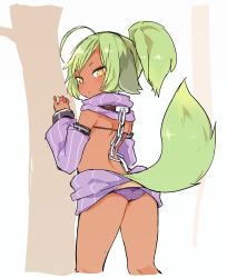 Rule 34 | 1girl, against tree, ahoge, alternate hairstyle, animal ears, ass, bad id, bad twitter id, bikini, chain, clothes lift, collar, dark-skinned female, dark skin, detached sleeves, dog ears, done (donezumi), from behind, green hair, inactive account, long hair, looking back, original, panties, ponytail, scarf, skirt, skirt lift, solo, swimsuit, tail, titi-chan (nezumi inu), tree, underwear, yellow eyes