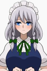 Rule 34 | 1girl, animated, animated gif, blue eyes, blush, bouncing breasts, breasts, closed mouth, clothes lift, izayoi sakuya, large breasts, lifted by self, long hair, looking at viewer, maid, maid headdress, nipples, no bra, shirt lift, solo, touhou, white hair