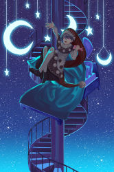 Rule 34 | 1girl, absurdres, bed, blue hair, blue theme, doremy sweet, dress, hat, highres, moon, night, night sky, nightcap, open mouth, pink eyes, pom pom (clothes), reki (user rcrd4534), short hair, sky, smile, stairs, star (symbol), touhou, wide shot