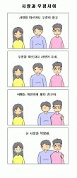 1girl 2boys 4koma blush comic glasses hug korean_text long_hair microsoft_paint_(medium) multiple_boys short_hair tears yaoi