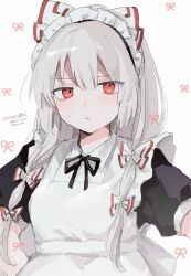 Rule 34 | 1girl, :&lt;, alternate costume, apron, black shirt, bow, closed mouth, commentary request, enmaided, fujiwara no mokou, grey hair, hair bow, highres, long hair, looking at viewer, maid, maid apron, maid headdress, multiple hair bows, plumapple3, puffy short sleeves, puffy sleeves, red eyes, shirt, short sleeves, solo, sweatdrop, touhou, translation request, upper body, very long hair, white bow