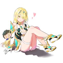 Rule 34 | 1girl, bare shoulders, black gloves, blonde hair, breasts, brown hair, chest jewel, chibi, chibi inset, cleavage, elbow gloves, gloves, gold trim, heart, hehe jun, highres, knees up, large breasts, long hair, mythra (xenoblade), rex (xenoblade), sitting, solo, thigh strap, thighs, white background, white footwear, white gloves, xenoblade chronicles (series), xenoblade chronicles 2, yellow eyes