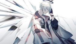 Rule 34 | 1boy, arknights, black gloves, black shirt, blue eyes, closed mouth, cowboy shot, crystal, detached wings, earpiece, executor (arknights), expressionless, gloves, hair between eyes, halo, hand on own head, highres, jacket, looking down, male focus, name tag, profile, shirt, short hair, simple background, skade, solo, white background, white hair, white jacket, wings, wristband