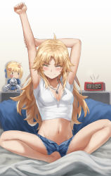 Rule 34 | 1girl, arms up, artoria pendragon (all), artoria pendragon (fate), blonde hair, blue shorts, breasts, closed eyes, collarbone, crop top, fate/apocrypha, fate/stay night, fate (series), highres, jewelry, long hair, midriff, mordred (fate), mordred (fate/apocrypha), navel, necklace, parted bangs, saber (fate), shirt, short shorts, short sleeves, shorts, sidelocks, sitting, small breasts, solo, stuffed toy, tonee, white shirt