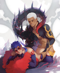 Rule 34 | 2boys, anal, ass, bare shoulders, buzz cut, clothed sex, cu chulainn (fate), cu chulainn (fate) (all), cu chulainn (fate/stay night), cu chulainn alter (fate), cu chulainn alter (fate/grand order), dark-skinned male, dark skin, dragon boy, dragon tail, ear piercing, emiya alter, fate/grand order, fate (series), hands on another&#039;s hips, happy sex, interracial, lancer, long hair, lying, male focus, male penetrated, monster boy, multiple boys, muscular, muscular male, navel, nipple slip, nipples, on stomach, pectorals, piercing, ponytail, qvoro, sex, short hair, smile, smirk, stomach, tail, tail raised, very short hair, white hair, yaoi