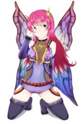 Rule 34 | 10s, belt, bewitching officer lady butterfly, breasts, cardfight!! vanguard, cleavage, green eyes, jewelry, leotard, looking at viewer, megacolony, monster girl, necklace, pink hair, see-through, thighhighs, wings