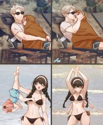 Rule 34 | 1boy, 2girls, ^ ^, ^o^, anya (spy x family), aoirnn, beach, beach chair, bikini, black bikini, black hair, blanket, blonde hair, blue one-piece swimsuit, braid, breasts, child, closed eyes, closed mouth, cup, disposable cup, drink, drinking straw, father and daughter, green eyes, hairband, halterneck, highres, kiss, kissing forehead, large breasts, leg grab, lifting person, long hair, medium hair, meme, mother and daughter, multiple girls, multiple views, navel, one-piece swimsuit, outdoors, parody, peanut, photo-referenced, photo background, pink hair, shirt, short hair, shorts, side-tie bikini bottom, sleeping, spy x family, stomach, string bikini, sunglasses, swimsuit, t-shirt, twilight (spy x family), twin braids, water, white hairband, yor briar