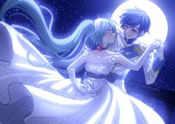 Rule 34 | 1boy, 1girl, aqua eyes, aqua hair, arms around waist, backlighting, bare shoulders, black bow, black choker, blue eyes, blue hair, blush, bow, breasts, bridge, cendrillon (vocaloid), choker, cinderella, cleavage, collarbone, commentary, dancing, dress, elbow gloves, english commentary, epaulettes, floating hair, flower, flower choker, formal, full moon, gloves, hands on another&#039;s stomach, hands on another&#039;s waist, hatsune miku, highres, holding, holding weapon, kaito (vocaloid), long hair, marininho, medium breasts, moon, night, night sky, parted lips, red flower, red rose, rose, short hair, sky, small breasts, smile, sparkle, star (sky), starry sky, suit, twitter username, very long hair, vocaloid, weapon, white dress, white gloves, white suit