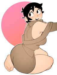 Rule 34 | 1girl, absurdres, black eyes, black hair, blush, boondraws, border, breasts, brown dress, brown sweater, commentary, dress, english commentary, feet, freckles, highres, long sleeves, medium breasts, nose blush, off-shoulder dress, off shoulder, original, outside border, pink background, short dress, short hair, sleeveless, sleeveless turtleneck, smile, solo, sweater, turtleneck, vanilla (boondraws), white border