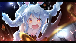 Rule 34 | 1girl, :o, ahoge, alice in wonderland, animal ear fluff, animal ears, black pantyhose, blue hair, blurry, blurry foreground, blush, braid, carrot, crying, crying with eyes open, depth of field, detached sleeves, dress, enatsu, falling, fur collar, fur trim, glint, hololive, letterboxed, light blue hair, long hair, motion blur, open mouth, orange eyes, outstretched hand, pantyhose, petals, pocket watch, rabbit, rabbit ears, rabbit girl, rabbit tail, sidelocks, solo, sparkle, tears, twin braids, twintails, usada pekora, usada pekora (1st costume), very long hair, virtual youtuber, watch