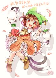 Rule 34 | &gt; &lt;, 1girl, :3, animal hat, bag, bow, brown eyes, cat tail, checkered clothes, checkered dress, chen, closed eyes, dress, fang, full body, hat, hat with ears, ibaraki natou, long sleeves, looking at viewer, mob cap, multiple tails, nekomata, open mouth, shirt, shoes, short hair, shoulder bag, smile, solo, tail, touhou, two tails, white background