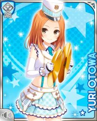 Rule 34 | 1girl, blue background, blue neckwear, brown eyes, card, character name, closed mouth, cymbals, elbow gloves, frills, girlfriend (kari), gloves, hat, holding, instrument, long hair, marching band, midriff, official art, orange hair, otowa yuri, qp:flapper, skirt, smile, solo, stomach, subspenders, tagme, white skirt, white top