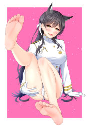 Rule 34 | 1girl, :d, absurdres, animal ears, arm support, ass, ass grab, atago (azur lane), azur lane, bare legs, barefoot, black hair, blush, breasts, brown eyes, buttons, feet, gloves, grabbing own ass, hair ribbon, highres, knees up, large breasts, leg up, long hair, long sleeves, looking at viewer, mole, mole under eye, open mouth, panties, pussy, ribbon, shirouzu myuuta, sitting, smile, soles, solo, spread pussy, spread pussy under clothes, taut clothes, thighs, toes, underwear, uniform, very long hair, white gloves, white panties, white ribbon
