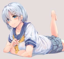 Rule 34 | 10s, 1girl, aiiyu, bare arms, bare legs, barefoot, blue eyes, blush, bob cut, breasts, closed mouth, collarbone, hair ornament, hair over one eye, hairclip, hamakaze (kancolle), highres, kantai collection, large breasts, leg up, looking at viewer, lying, miniskirt, neckerchief, no gloves, no legwear, on stomach, pleated skirt, school uniform, serafuku, short hair, short sleeves, simple background, skirt, smile, solo, yellow neckerchief
