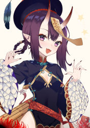 Rule 34 | 1girl, absurdres, black dress, black hat, blush, braid, braided hair rings, breasts, china dress, chinese clothes, cleavage cutout, clothing cutout, collarbone, covered navel, dress, eyeliner, fangs, fate/grand order, fate (series), fingernails, hair rings, hat, heroic spirit festival outfit, highres, horns, jiangshi, long sleeves, looking at viewer, makeup, nail polish, ofuda, oni, pelvic curtain, pointy ears, purple eyes, purple hair, qingdai guanmao, sash, sharp fingernails, short hair, shuten douji (fate), shuten douji (festival outfit) (fate), simple background, skin-covered horns, small breasts, smile, solo, star (symbol), torry912, twin braids, wide sleeves