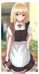Rule 34 | 1girl, absurdres, adapted costume, aohane, apron, blonde hair, blurry, blurry background, bow, bowtie, buttons, closed mouth, collarbone, hand on own hip, highres, kirisame marisa, long hair, looking at viewer, maid, maid headdress, multicolored buttons, outdoors, outside border, red bow, red bowtie, red eyes, short sleeves, solo, standing, touhou, waist apron, white apron