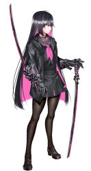 Rule 34 | 1girl, ahoge, black jacket, black serafuku, black skirt, brown footwear, brown pantyhose, choker, closed mouth, colored inner hair, expressionless, full body, gauntlets, highres, holding, holding sword, holding weapon, jacket, katana, legs apart, loafers, long hair, long sleeves, looking afar, looking away, multicolored hair, neckerchief, open clothes, open jacket, original, pantyhose, pink hair, pink neckerchief, pleated skirt, profile, school uniform, serafuku, shoes, simple background, skirt, solo, standing, straight hair, sword, two-tone hair, unsheathed, very long hair, weapon, white background, xiaoshou xiansheng
