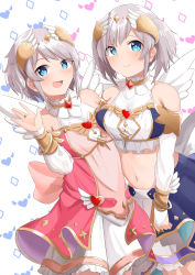 Rule 34 | 2girls, akari (princess connect!), angel wings, blush, breasts, grey hair, highres, large breasts, looking at viewer, multiple girls, open mouth, princess connect!, skirt, small breasts, wings, ya.yu., yori (princess connect!)