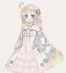 Rule 34 | arisugawa nanao, blonde hair, blue eyes, blush, bow, buttons, dress, hairband, large buttons, long hair, long sleeves, original, solo, traditional media