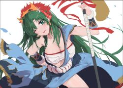 Rule 34 | 1girl, bandages, bandeau, blue skirt, breasts, chest sarashi, cleavage, commentary request, fire emblem, fire emblem: the blazing blade, fire emblem heroes, green eyes, green hair, holding, holding weapon, large breasts, long hair, looking at viewer, lyn (fire emblem), mask, mask on head, midriff, nintendo, official alternate costume, one eye closed, sarashi, simple background, skirt, solo, strapless, thighs, tube top, unfinished, very long hair, weapon, white background, yuuri (orz commushows)