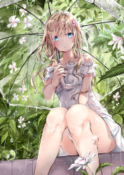 Rule 34 | 1girl, artist name, bare legs, bare shoulders, blonde hair, blue eyes, blurry, convenient leg, dated, dema hmw, depth of field, dress, feet out of frame, flower, glint, holding, holding umbrella, leaf, long hair, looking at viewer, nail polish, nature, original, parted lips, pink nails, plant, rain, revision, sitting, solo, thighs, transparent, transparent umbrella, umbrella, water, water drop, white dress, white flower