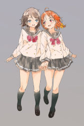Rule 34 | 10s, 2girls, ahoge, bad id, bad pixiv id, blue eyes, bow, bowtie, braid, brown hair, buttons, double-breasted, grey background, hair bow, hair ornament, highres, holding hands, long sleeves, looking at another, love live!, love live! sunshine!!, multiple girls, open mouth, orange hair, red eyes, school uniform, serafuku, short hair, side braid, simple background, sketch, skirt, syou (endemic species), takami chika, watanabe you