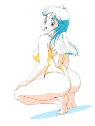 Rule 34 | 1girl, ass, ass focus, barefoot, blue eyes, blue hair, breasts, curvy, dragon ball, dragonball z, highleg, highleg swimsuit, highres, huge ass, large breasts, long hair, looking at viewer, looking back, maron (dragon ball), one-piece swimsuit, open mouth, skindentation, smile, squatting, swimsuit, wide hips, yellow one-piece swimsuit
