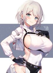 Rule 34 | 1girl, adelaide bluthausen, alice gear aegis, belt, black gloves, blue eyes, blush, braid, breasts, closed mouth, commentary request, covered navel, gloves, grey hair, hand on own chest, hand on own hip, highres, kakerayuri, large breasts, long hair, looking at viewer, shrug (clothing), sideboob, signature, single braid, smile, solo, white sleeves