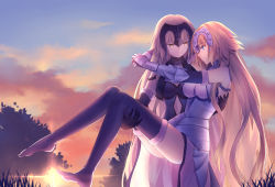Rule 34 | 2girls, armor, armored dress, arms around neck, bare shoulders, black dress, black gloves, black legwear, blonde hair, blue eyes, blue sky, carrying, chain, closed mouth, cloud, commentary, dress, elbow gloves, eye contact, fate/apocrypha, fate (series), fur-trimmed gloves, fur-trimmed legwear, fur trim, gloves, gogatsu fukuin, hair between eyes, headpiece, highres, jeanne d&#039;arc (fate), jeanne d&#039;arc (ruler) (fate), jeanne d&#039;arc (third ascension) (fate), jeanne d&#039;arc alter (avenger) (fate), jeanne d&#039;arc alter (avenger) (third ascension) (fate), jeanne d&#039;arc alter (fate), long hair, looking at another, multiple girls, no shoes, outdoors, princess carry, sky, smile, sunset, thighhighs, tree, very long hair, white dress, yellow eyes