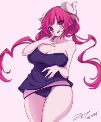 Rule 34 | 1girl, bare legs, breasts, cleavage, collarbone, curly hair, highres, horns, ilulu (maidragon), kobayashi-san chi no maidragon, large breasts, long hair, panties, pointy ears, red eyes, red hair, scarlet zel, shirt, shortstack, solo, thick thighs, thighs, tongue, tongue out, twintails, underwear, wide hips