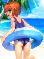 Rule 34 | 1990s (style), 1girl, ahoge, ass, bare shoulders, barefoot, beach, brown hair, cardcaptor sakura, day, from behind, green eyes, highres, innertube, kinomoto sakura, looking back, messy hair, mutsuki (moonknives), one-piece swimsuit, open mouth, outdoors, palm tree, retro artstyle, school swimsuit, shiny clothes, short hair, solo, swim ring, swimsuit, tree, water
