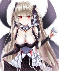 Rule 34 | 1girl, azur lane, bare shoulders, between breasts, black dress, blonde hair, blush, breasts, cleavage, collarbone, commentary request, cup, dress, earrings, formidable (azur lane), frilled dress, frills, hair ornament, hair ribbon, highres, holding, holding cup, jewelry, large breasts, long hair, long sleeves, looking at viewer, maid, red eyes, ribbon, solo, sora (men0105), twintails, two-tone dress, two-tone ribbon, very long hair